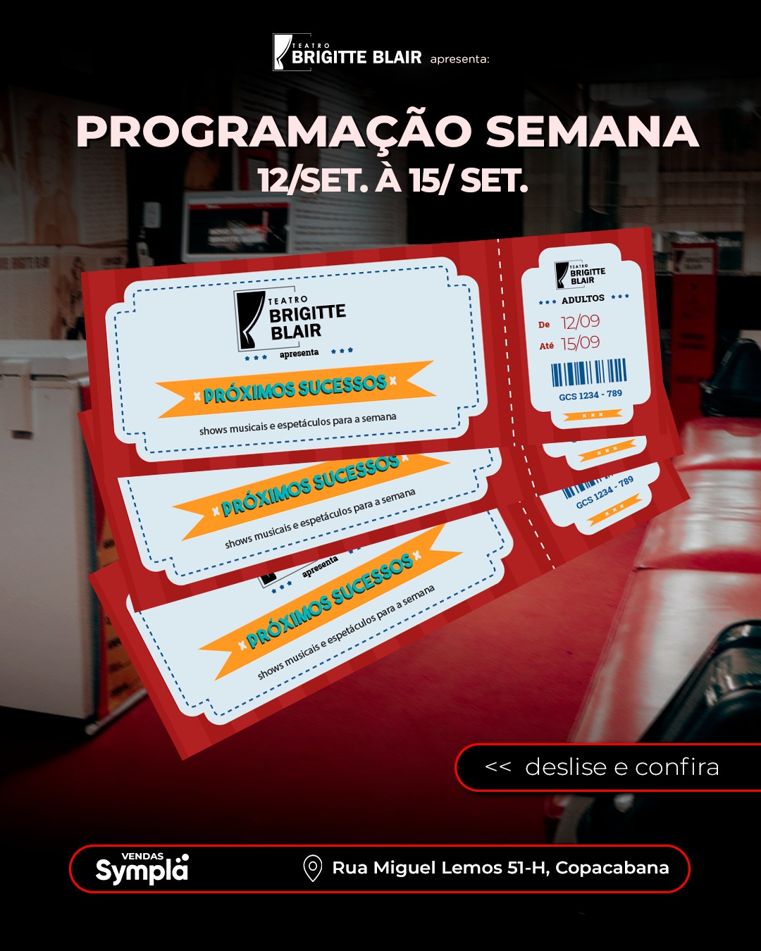Estamos indo para mais uma semana de Setembro 2024, as atrações aqui no Teatro Brigitte Blair não param, confira o que vai rolar nesta semana de 12/09 à 15/09. Adquira já seus ingressos e aproveite!🌐 tbbteatro.com/programacao Rua Miguel Lemos. 51-H, Copacabana/RJ.....#teatrobrigitteblair #brigitteblair #teatrorj #copacabana #riodejaneiro #teatrocopacabana #arterj #culturarj #passeioculturalrj #oquefazernorio #oquefazeremcopacabana #copacabanacultural