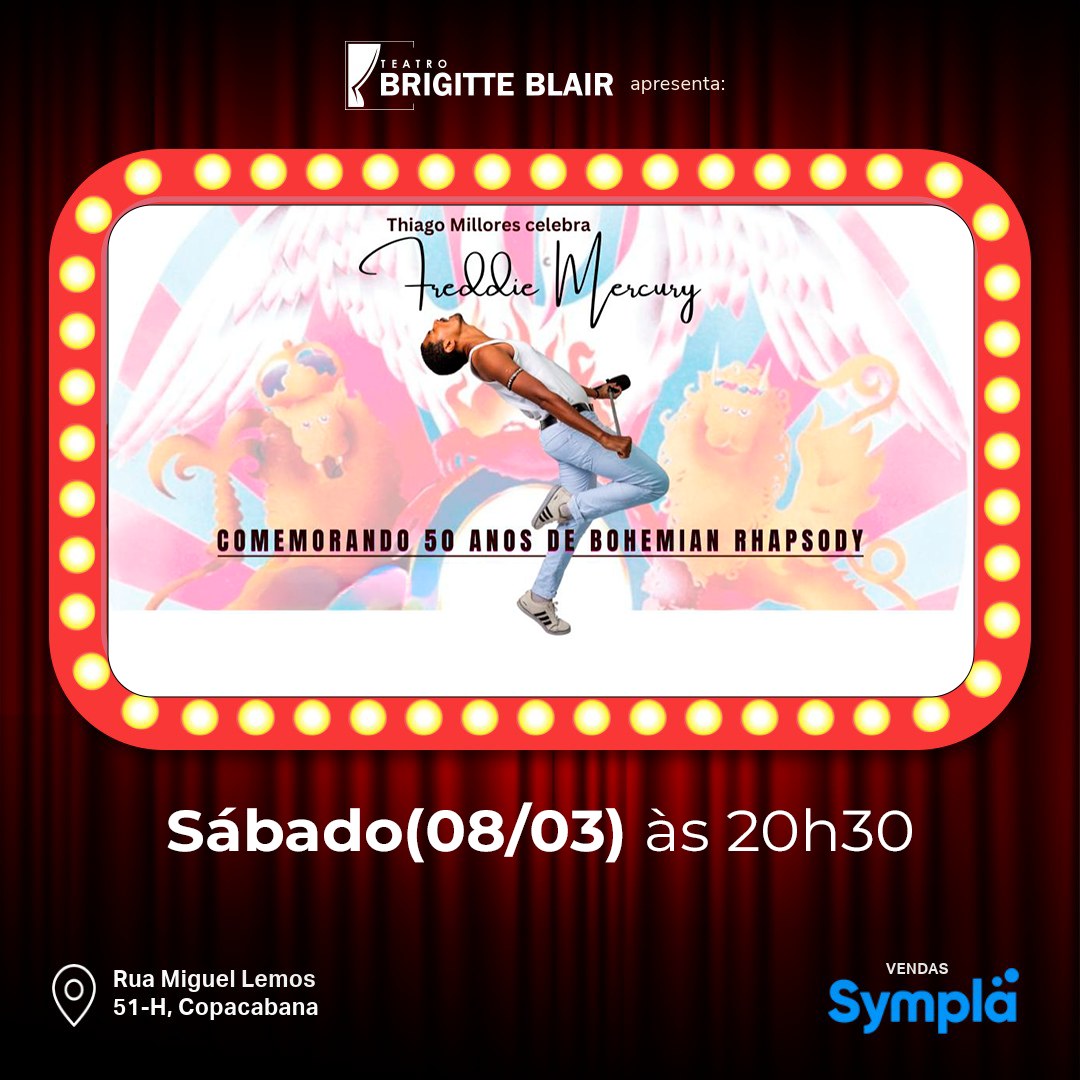 Thiago Millores Celebra Freddie Mercury Um tributo de um fã para fãs! No dia 08 de março, às 20h30, o Teatro Brigitte Blair recebe um espetáculo emocionante em homenagem ao inesquecível Freddie Mercury e ao legado do Queen. Thiago Millores e sua banda revisitam clássicos atemporais, celebrando os 50 anos de "Bohemian Rhapsody" — a canção icônica que projetou o Queen para o estrelato mundial.Prepare-se para uma experiência única, com performances viscerais, figurinos marcantes e toda a atmosfera dos grandes shows da banda. 🗓️ 08 de março | 20h30 Teatro Brigitte Blair — Copacabana, RJViva a universalidade da obra do Queen em uma noite épica.Deus salve a Rainha! #ThiagoMillores #FreddieMercuryTributo #Queen #BohemianRhapsody #TeatroBrigitteBlair #ShowImperdível #CulturaEmCopacabana
