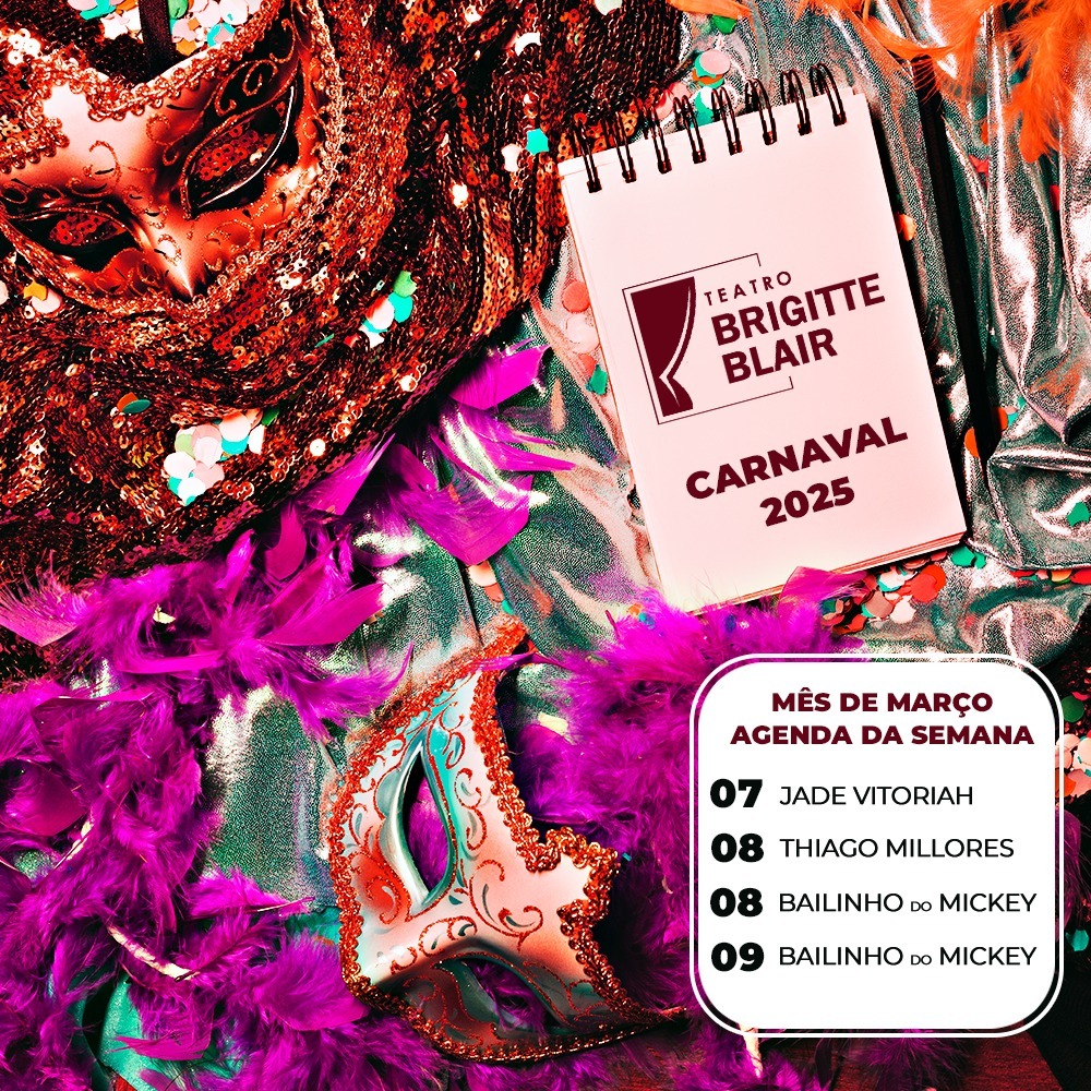 Março chegou com tudo no Teatro Brigitte Blair! O mês do Carnaval começa com uma programação vibrante e cheia de emoção: 07/03 | 20h — Jade Vitoriah em Rainhas do Samba  08/03 | 20h30 — Thiago Millores celebra Freddie Mercury  08 e 09/03 | 17h — Bailinho do Mickey  diversão para a criançada!🎟️ Venha assistir grandes espetáculos — momentos únicos, música de qualidade e muita alegria. Teatro Brigitte Blair — Copacabana, RJGaranta seu lugar e viva essa festa com a gente! #TeatroBrigitteBlair #AgendaDeMarço #RainhasDoSamba #FreddieMercuryTributo #BailinhoDoMickey #CulturaNoCarnaval